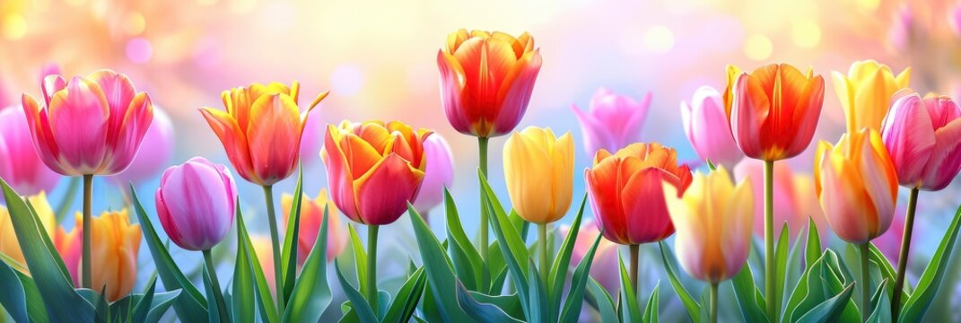 Colorful Spring Flowers Tulips Flower Beds, Banner Image For Website, Background, Desktop Wallpaper