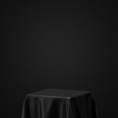 Black fabric podium luxury pedestal cloth product presentation 3d background with empty elegant display show stand scene studio backdrop or premium abstract showcase stage dark silk drapery concept.
