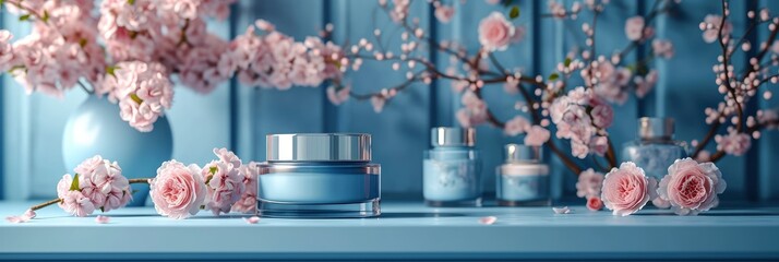 Cosmetics Jars Flowers On Blue Background, Banner Image For Website, Background, Desktop Wallpaper