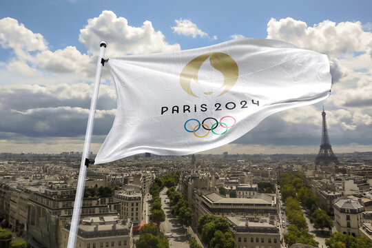 Top view of flag of french olympics games 2024 with grunge texture. no flagpole. Plane design, layout. official logo of SOG 2024 in Paris