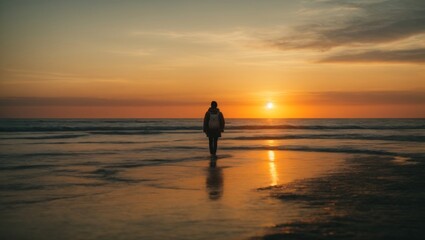 sunset on the beach with person in silhouette