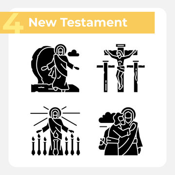 Life of Jesus Christ black glyph icons set on white space. Crucifixion and resurrection. New testament. Biblical scenes. Silhouette symbols. Solid pictogram pack. Vector isolated illustration