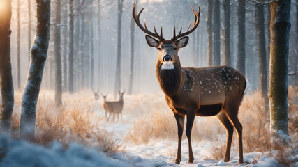 Beautiful Deer in the Forest Looking at Winter. Wildlife scene from nature. digital art