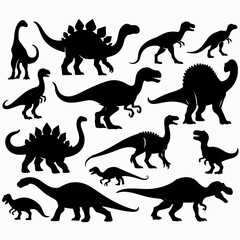 Vector silhouette set of dinosaurs with a simple and minimalist stencil design style