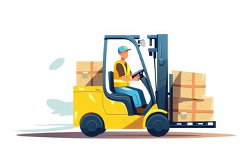 Man driving a forklift with a pile of goods on raised forks, warehouse worker