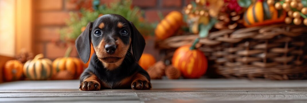 Dogs Dachshunds Puppy Autumn Decor Pumpkins, Banner Image For Website, Background, Desktop Wallpaper