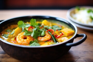 close-up of prawn curry garnished with coriander leaves
