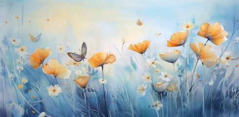 Fototapeta na wymiar Serene Watercolor Sunrise over Flower Meadow with Fluttering Butterfly - Generative AI