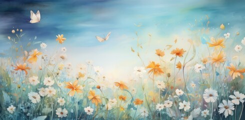 Fototapeta na wymiar Serene Watercolor Sunrise over Flower Meadow with Fluttering Butterfly - Generative AI