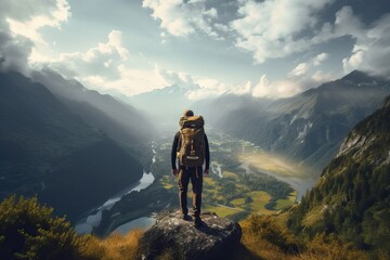 Fototapeta premium Adventurous Male Traveler Standing on a Mountain with a Backpack