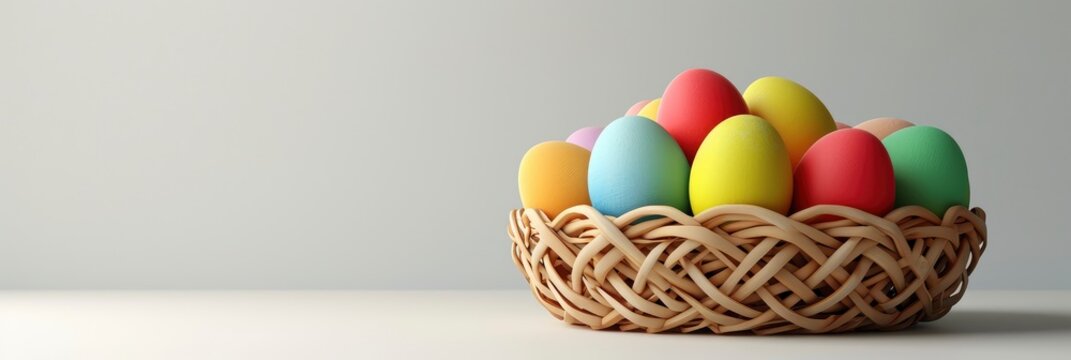 Easter Colorful Eggs Basket On White, Banner Image For Website, Background, Desktop Wallpaper