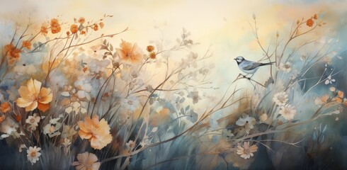 Delicate Watercolor Bird Perched on Autumn Blooms in Serene Artwork - Generative AI