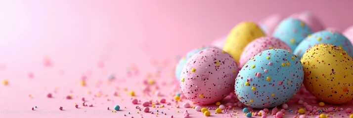 Fototapeta na wymiar Easter Eggs Composition On Pink Background, Banner Image For Website, Background, Desktop Wallpaper