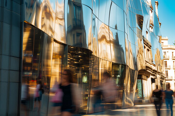 an eccentric ornate modern Gaussian sci fi Store facade in city made out of reflective silver and  shiny minimal elevation and people moving blur.