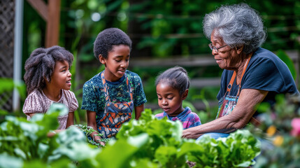 Grandmother teaching her grandchildren  gardening at their backyard 
