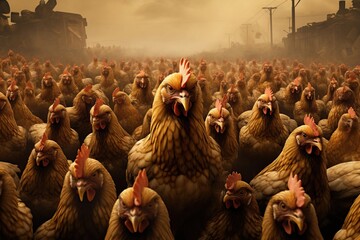 Large Group of Hungry Chickens Waiting to be Fed in a Farmyard - obrazy, fototapety, plakaty