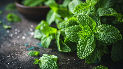 Fresh organic mint leaves ready for cooking - obrazy, fototapety, plakaty
