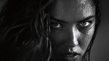 A cinematic-style portrait of a woman in a gripping moment, as if plucked from a movie scene. Employ contrasting lighting to evoke a film noir atmosphere, capturing a powerful expression.