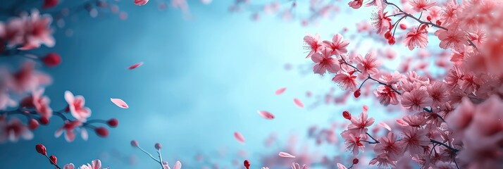Flowering Cherry Branches Petals On Blue, Banner Image For Website, Background, Desktop Wallpaper