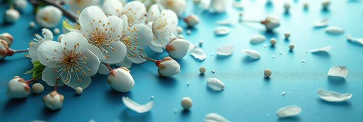 Fototapeta na wymiar Flowering Cherry Branches Petals On Blue, Banner Image For Website, Background, Desktop Wallpaper
