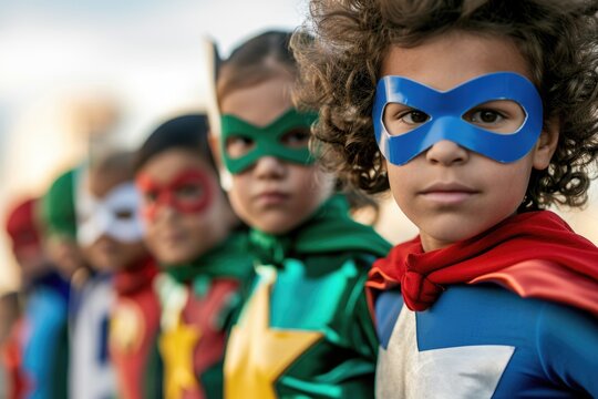 Children dressed in superhero costumes ready for action. Versatile image suitable for various uses