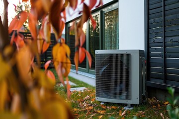 A compact air conditioner unit placed on the side of a house. Suitable for cooling small spaces.