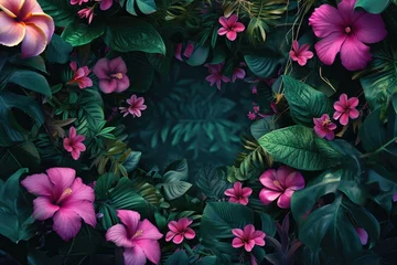 Tuinposter A beautiful wreath made of pink flowers surrounded by lush green leaves. Perfect for adding a touch of nature to any project or design © Ева Поликарпова