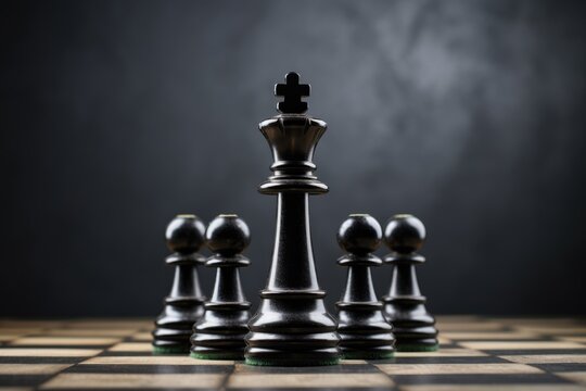 Chess Piece Battle. King Chess Piece Standing Against and Defeating Black Pawns on Chessboard