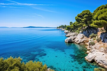 Discovering the Beauty of Adriatic Coastline: Clear Turquoise Waters of Veli and Mali Losinj Bay, - obrazy, fototapety, plakaty