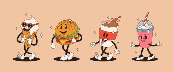Set of fast food retro groovy cartoon character. Vintage mascot of burger, pizza, hot dog, ice cream, french fries, coffee to go, donut and soda with happy smile. Funky street food illustration