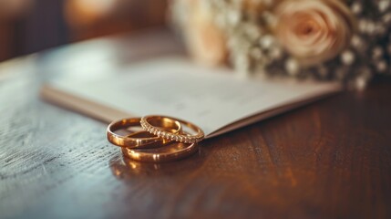 Two wedding rings sitting on top of an open book. Perfect for wedding invitations and marriage-related designs - Powered by Adobe