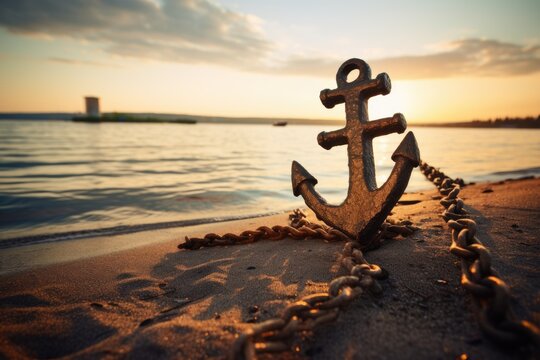 Beautiful Sunset with a Wooden Anchor on the Sandy Shore of a River - Nature-inspired stock image