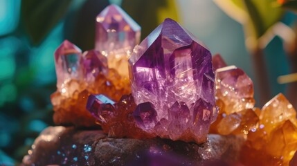 A cluster of purple crystals sitting on top of a rock. Can be used for geology or crystal healing purposes