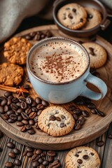 A cup of coffee and some cookies on a plate. Suitable for food and beverage-related designs