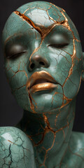 Green porcelain bust of a woman's face.