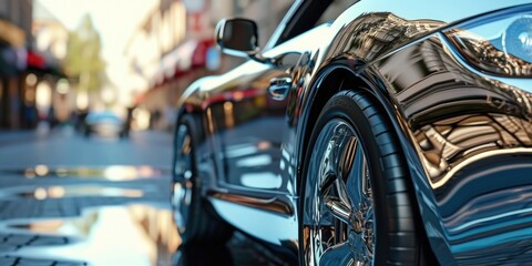 A close up view of a car parked on a busy city street. This image can be used to depict urban life and transportation