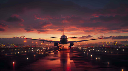 Sunset Landing: A stunning image capturing an airplane gracefully landing amidst the vibrant hues of the setting sun, blending the elements of the sky, runway, and lights