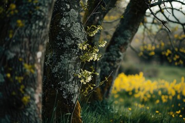 Obraz premium A bunch of trees standing in a grassy area. This image can be used to depict nature, landscapes, tranquility, or environmental themes
