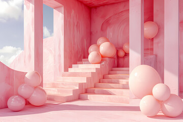 Pink Structure Adorned with Balloons in Vray Style