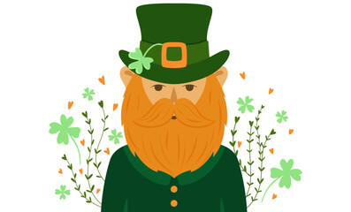 leprechaun, four leaf clover, symbol of good luck, flat style, St. Patrick's day illustration