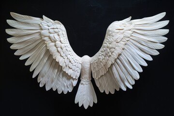 White angel wings against a black background. Perfect for spiritual and celestial themes
