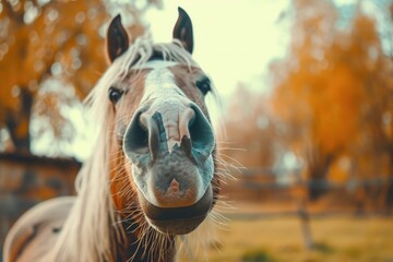 Close up of a horse's face with a scenic background of trees. Suitable for nature and animal-related projects
