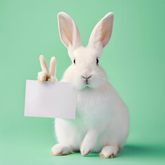 White easter bunny holding a paper for greeting card text on isolated pastel green background. Spring concept of christianity tradition. Holiday of Resurrection of Christ.