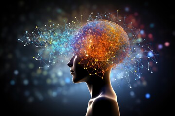 Obraz premium Brain neuron, creativity colorful canvas of cognition. Axon attraction navigate neural imaginarium, fostering originality. Amidst higher order thinking, cultural nuances neuroscience, PET metabotropic