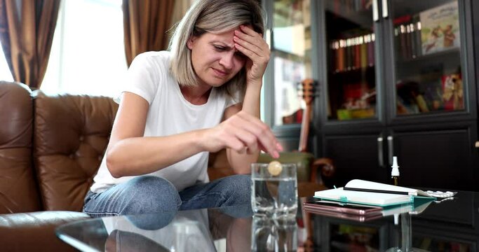 Glass of water and woman with headache taking pills. Painkillers for headaches and migraines
