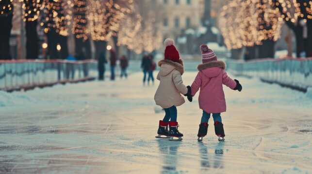 Two little girls are seen skating on an ice rink. This picture can be used to depict winter activities and the joy of childhood.