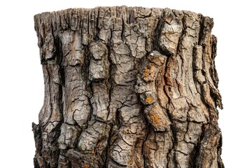 A detailed close-up of a tree trunk against a plain white background. This image can be used for...