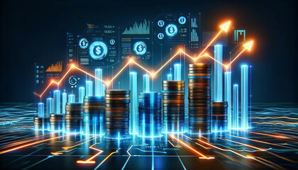 Stack of coins with growth graph, business marketing Financial growth and investment analysis Digital illustrations of financial growth and growing graphs showing analysis of economic success. - obrazy, fototapety, plakaty