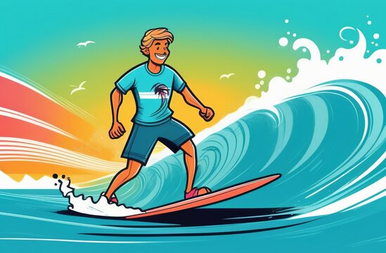 surfing on the waves. Maimi. Drawing. Surfer catches a wave