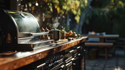 An outdoor kitchen featuring a grill and a table, perfect for cooking and dining al fresco. Ideal for backyard parties and outdoor gatherings - obrazy, fototapety, plakaty